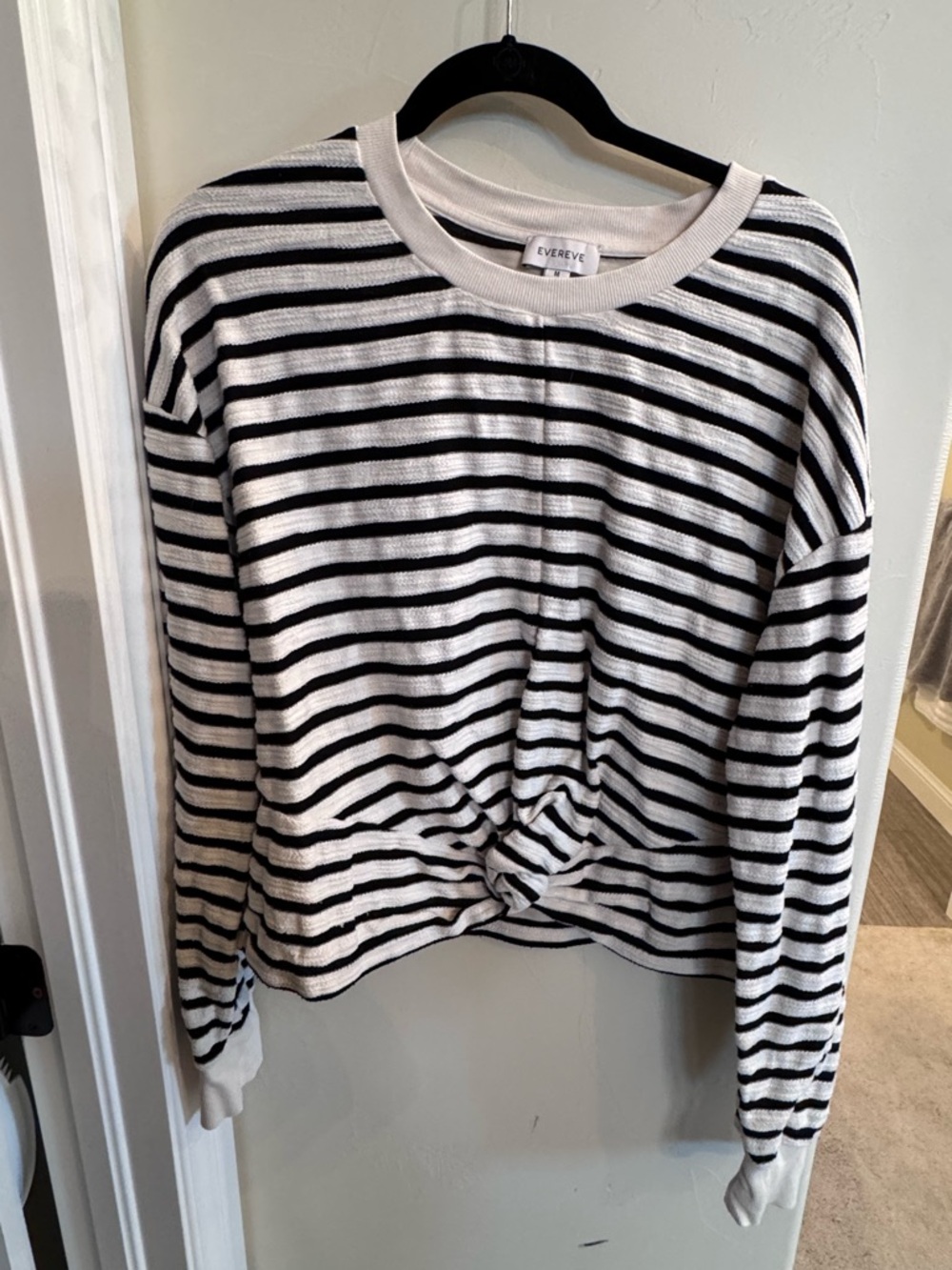 Evereve Black and Cream Striped Twist Front Top